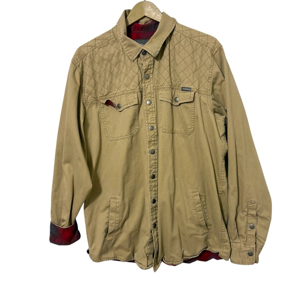 Eddie Bauer Mens TL Shacket Utility Jacket Tan Plaid Fleece Lined Workwear Chore